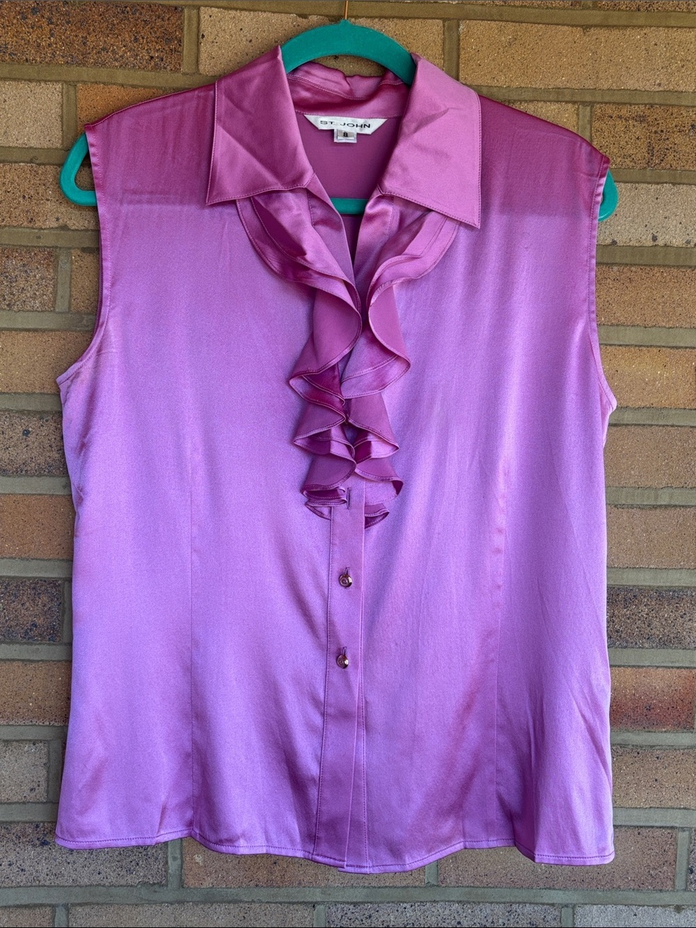 St. John Sleeveless Button Front Ruffled Pink Silk Blouse 8